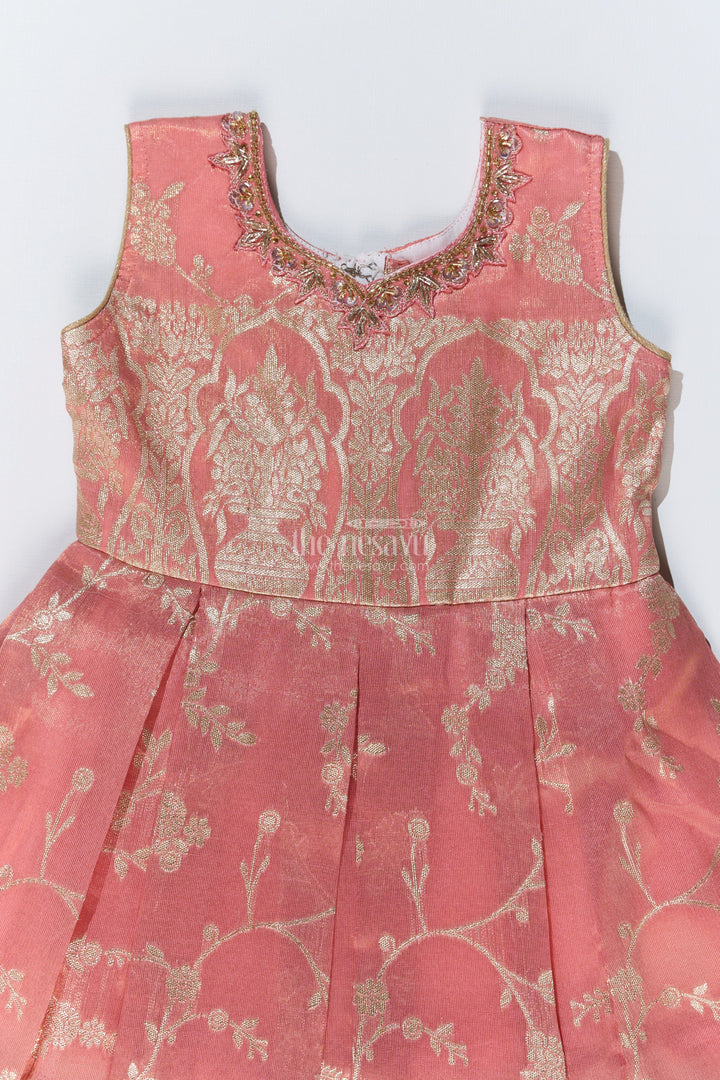 The Nesavu Silk Party Frock Girls Peach Color Frock in Silk with Embroidery and Pleated Skirt for Traditional Wear Nesavu Nesavu Girls Peach Color Silk Frock Embroidery Pleated Skirt Festive Wear
