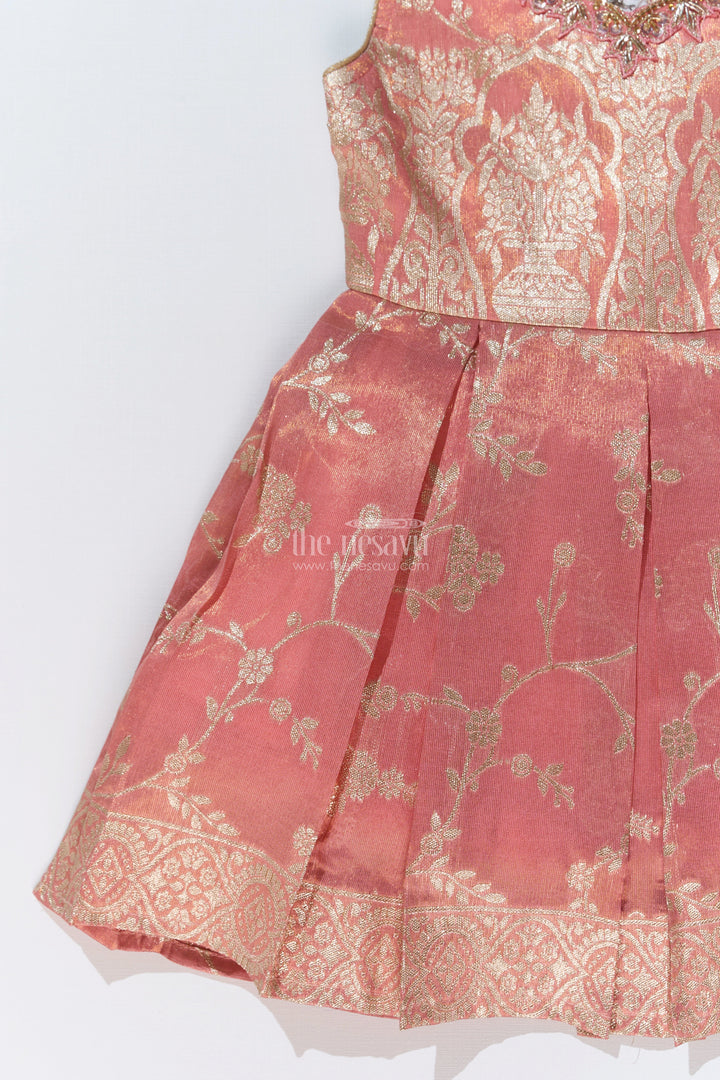 The Nesavu Silk Party Frock Girls Peach Color Frock in Silk with Embroidery and Pleated Skirt for Traditional Wear Nesavu Nesavu Girls Peach Color Silk Frock Embroidery Pleated Skirt Festive Wear
