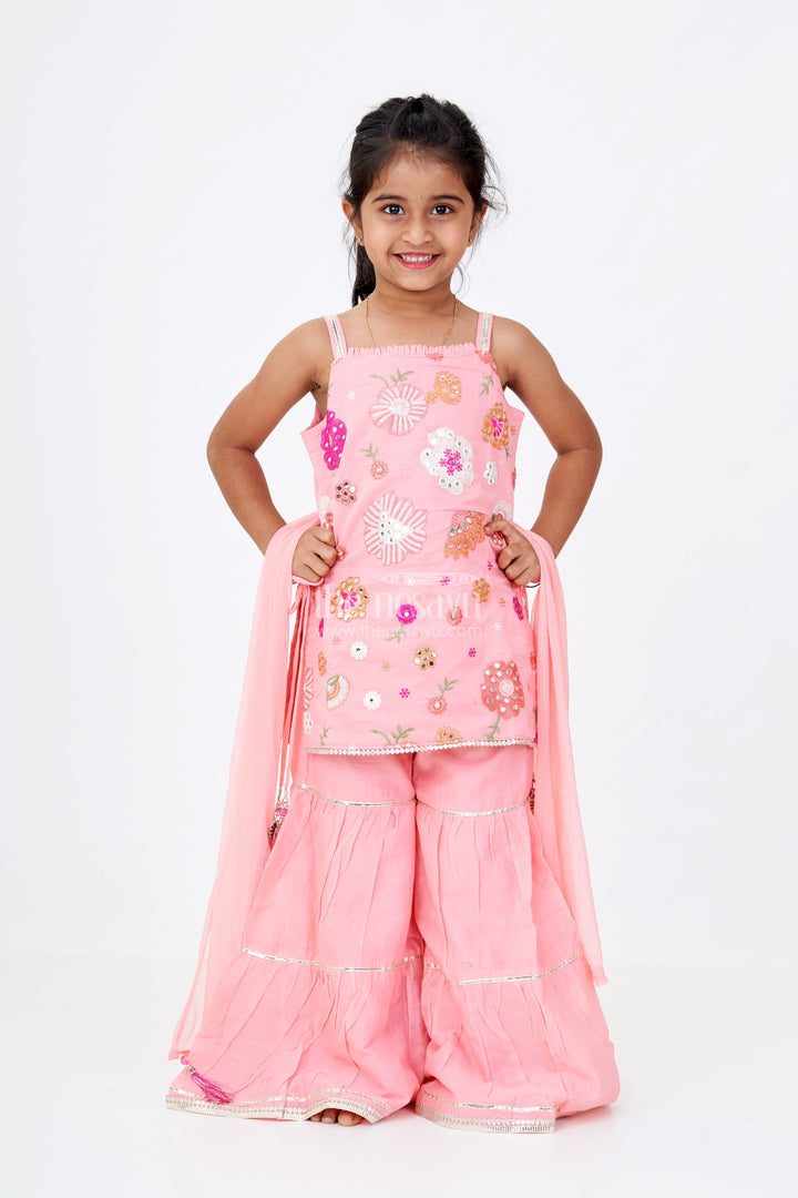 The Nesavu Girls Sharara / Plazo Set Girls Peach Color Sharara with Floral Thread Embroidery and Spaghetti Strap Top in Soft Cotton Nesavu Nesavu Girls Peach Cotton Sharara Set Floral Embroidered Sleeveless Top Flared Pants