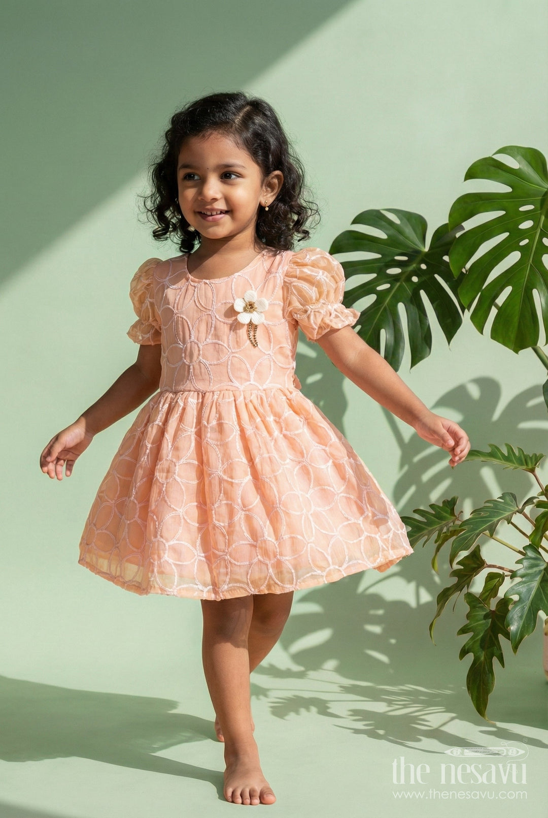 The Nesavu Girls Fancy Frock Girls Peach Embroidered Organza Frock with Puff Sleeves for Birthday Wear Nesavu 20 (3Y) / Peach GFC1826A-20 Nesavu girls peach embroidered organza frock puff sleeves birthdays festive wear