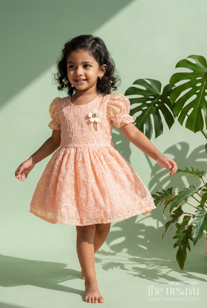 The Nesavu Girls Fancy Frock Girls Peach Embroidered Organza Frock with Puff Sleeves for Birthday Wear Nesavu 20 (3Y) / Peach GFC1826A-20 Nesavu girls peach embroidered organza frock puff sleeves birthdays festive wear