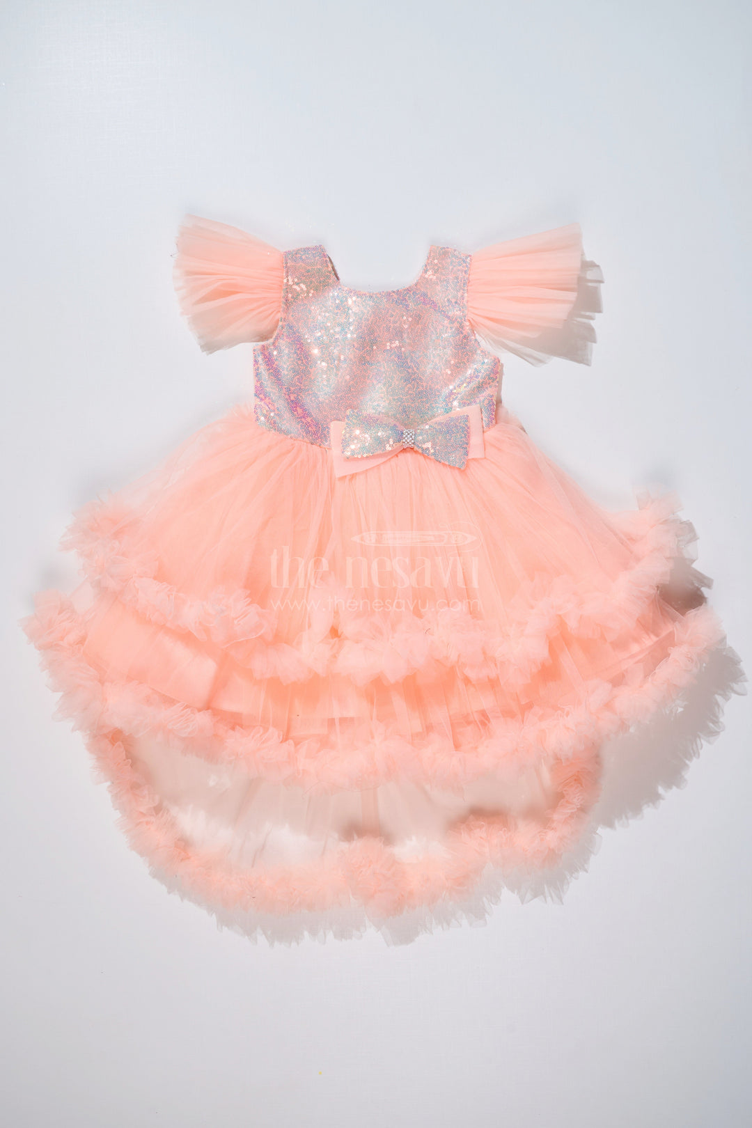 The Nesavu Girls Fancy Party Frock Girls Peach Fashion Party Wear Dress with Shimmering Sequin Bodice and Layered Ruffles Nesavu 16 (1Y) / Peach PF197B-16 Nesavu Peach Fashion Party Wear Dress Girls Sequin Bodice Ruffled Net Layers