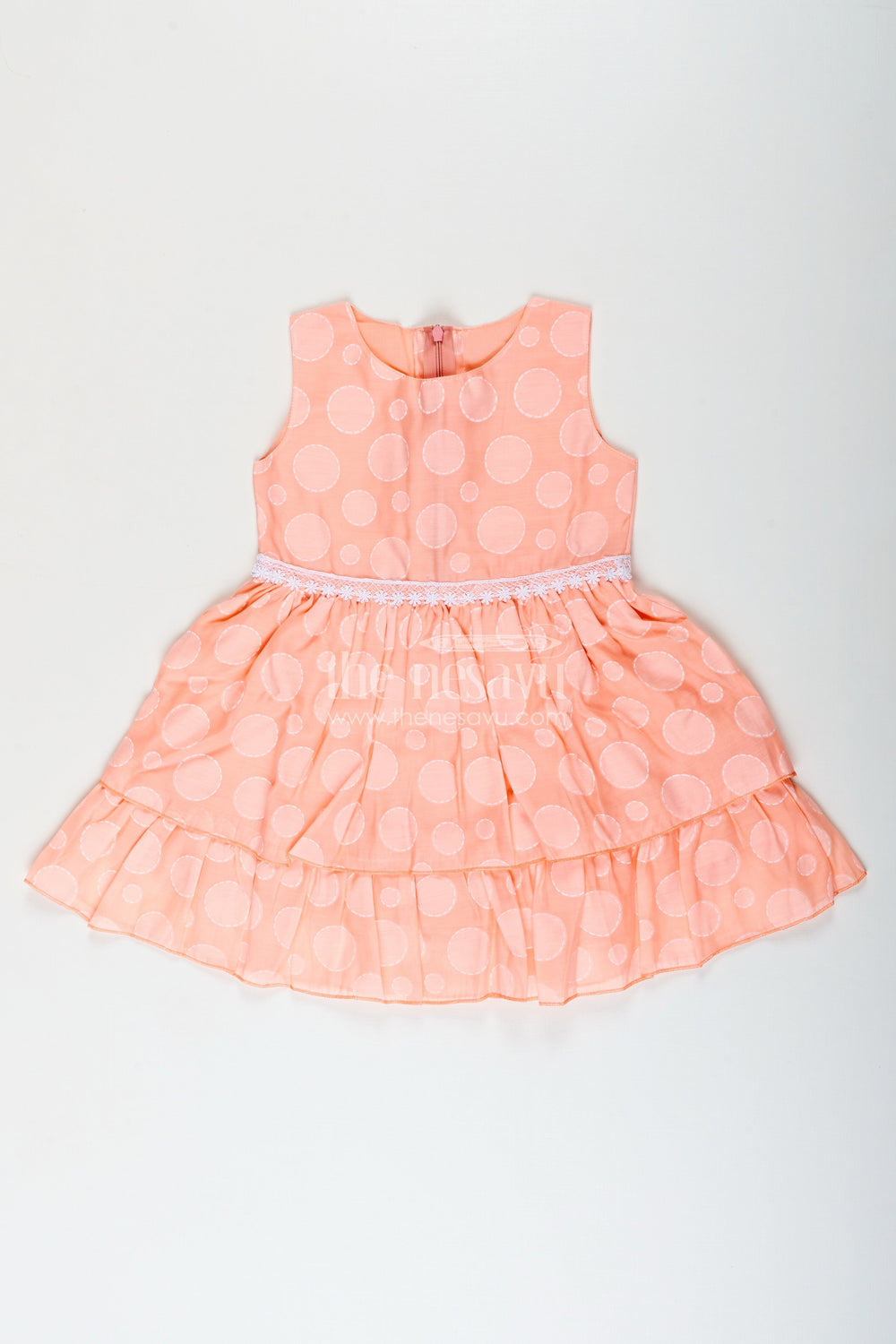 The Nesavu Girls Fancy Frock Girls peach georgette frock with polka dots for birthday and festive wear Nesavu 20 (3Y) / Peach GFC1828A-20 Nesavu girls peach georgette frock polka dots birthdays festive occasions