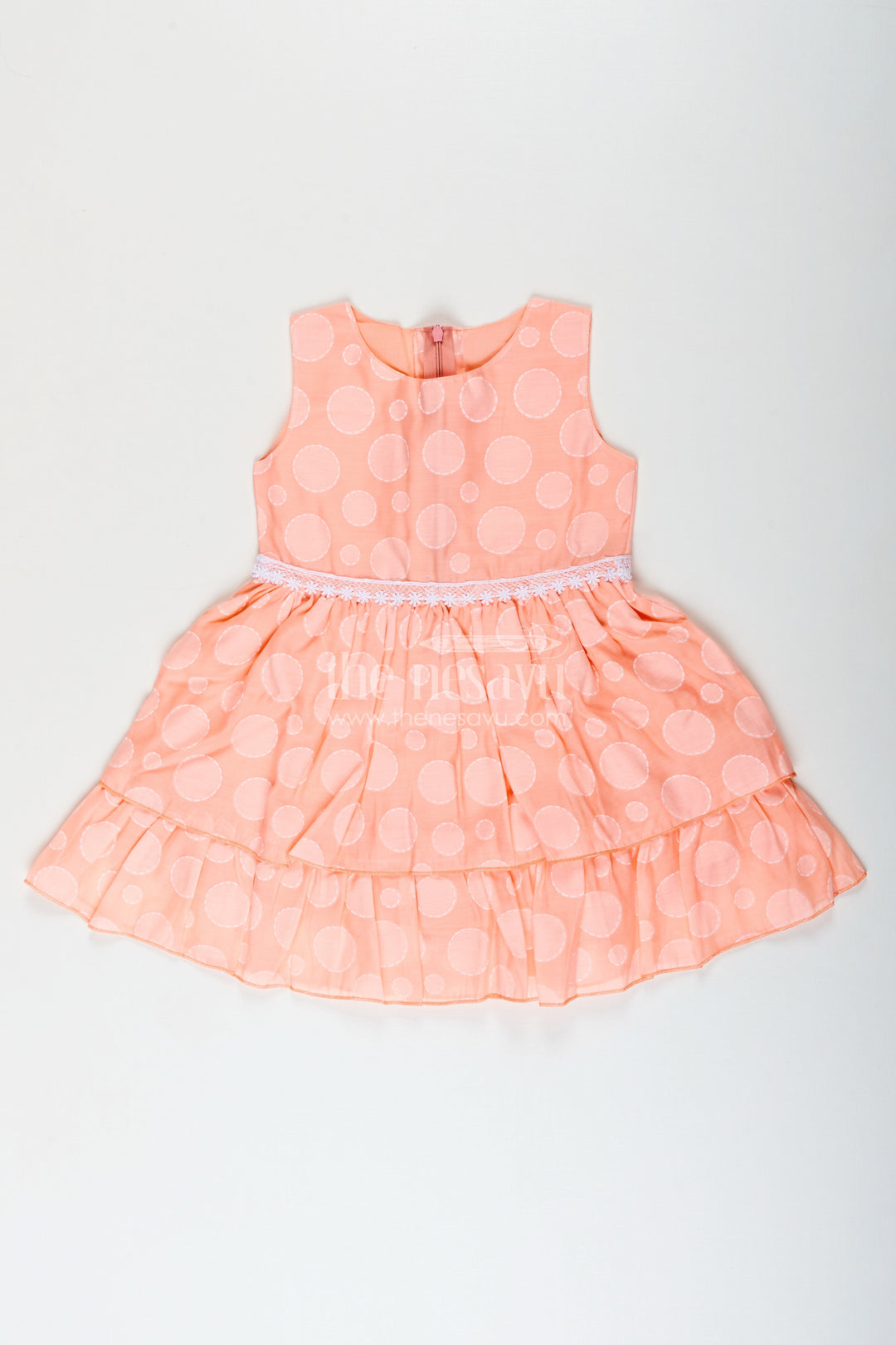 The Nesavu Girls Fancy Frock Girls peach georgette frock with polka dots for birthday and festive wear Nesavu 20 (3Y) / Peach GFC1828A-20 Nesavu girls peach georgette frock polka dots birthdays festive occasions