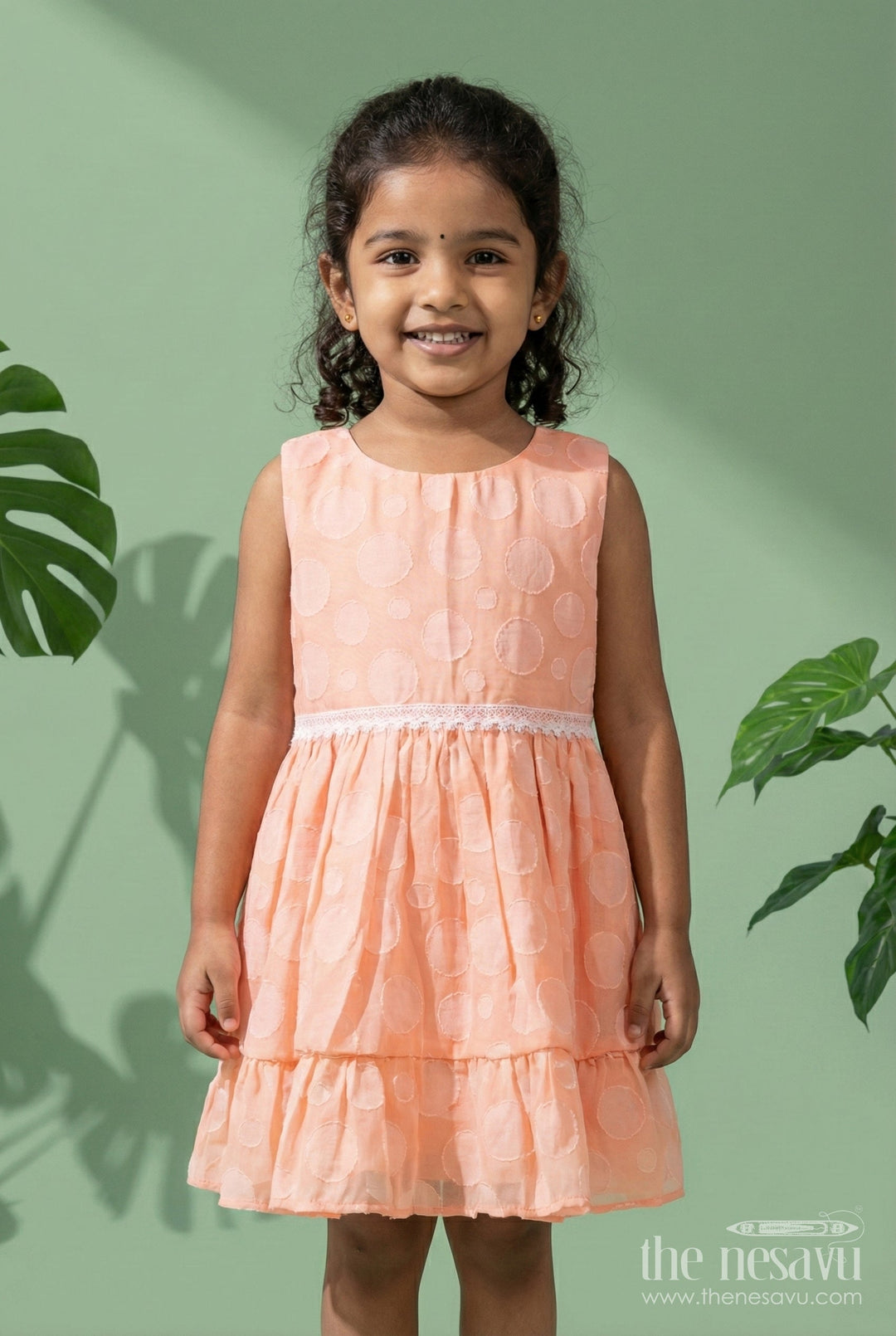 The Nesavu Girls Fancy Frock Girls Peach Georgette Frock with Polka Dots for Birthday and Festive Wear Nesavu 20 (3Y) / Peach GFC1828A-20 Nesavu girls peach georgette frock polka dots birthdays festive occasions