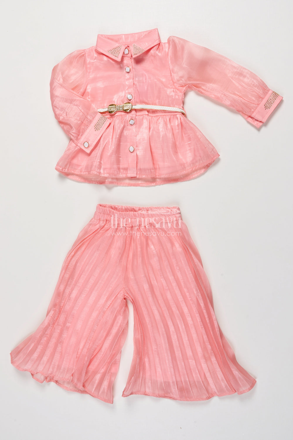The Nesavu Girls Co-Ord Sets Girls Peach Organza Sharara Set with Pleated Pants and Embroidered Jacket Nesavu 18 (2Y) / Peach GPS830B-18 Nesavu girls peach organza sharara set pleated pants embroidered jacket  perfect festive wear