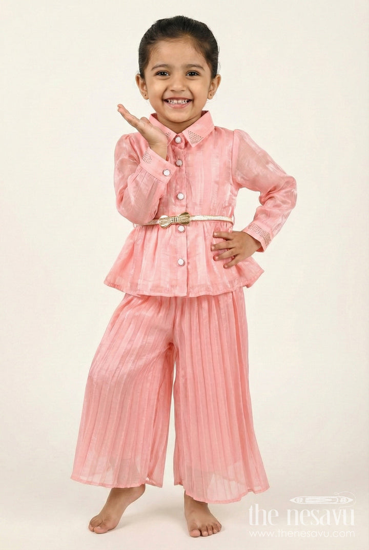 The Nesavu Girls Co-Ord Sets Girls Peach Organza Sharara Set with Pleated Pants and Embroidered Jacket Nesavu 18 (2Y) / Peach GPS830B-18 Nesavu girls peach organza sharara set pleated pants embroidered jacket  perfect festive wear