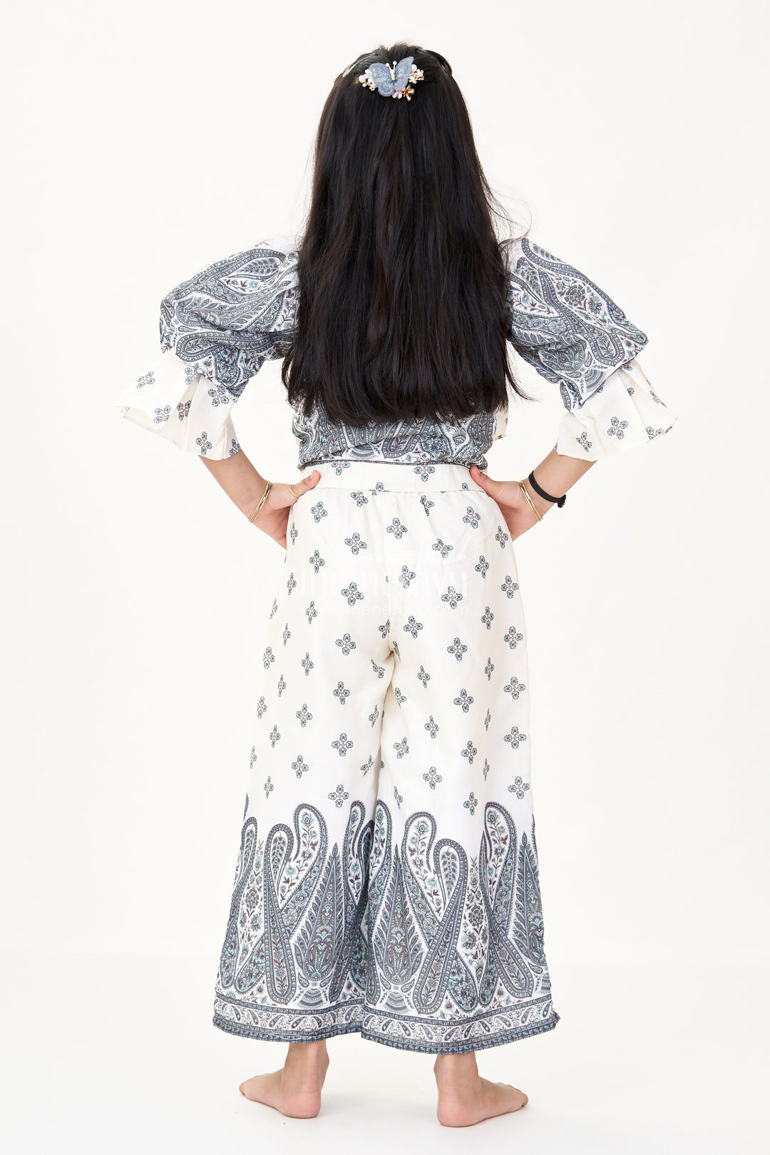 The Nesavu Girls Sharara / Plazo Set Girls Peach Palazzo Set in Cotton Blend with Paisley Print and Stylish Puffed Sleeves Nesavu Nesavu Girls Peach Palazzo Set Cotton Blend Paisley Print Modern Collared Top
