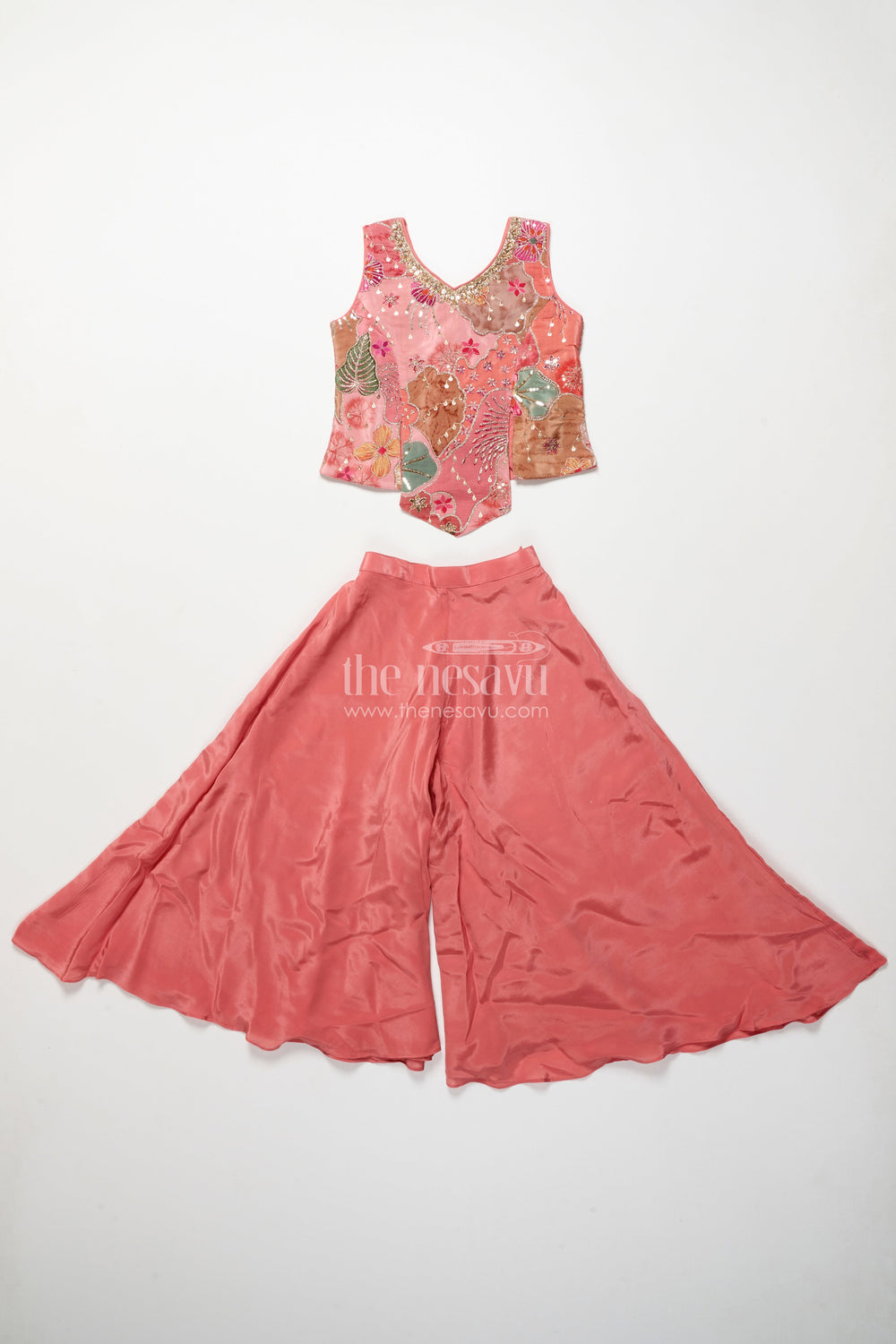 The Nesavu Girls Sharara / Plazo Set Girls Peach Palazzo Set with Embroidered Blouse for Ethnic Celebrations Nesavu 24 (5Y) / Peach GPS632A-24 Nesavu girls peach organza palazzo set heavy embroidery festive occasions