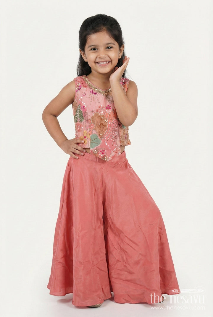 The Nesavu Girls Sharara / Plazo Set Girls Peach Palazzo Set with Embroidered Blouse for Ethnic Celebrations Nesavu 24 (5Y) / Peach GPS632A-24 Nesavu girls peach organza palazzo set heavy embroidery festive occasions