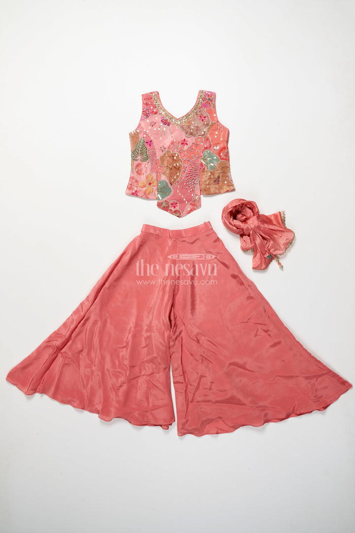 The Nesavu Girls Sharara / Plazo Set Girls Peach Palazzo Set with Embroidered Blouse for Ethnic Celebrations Nesavu Nesavu girls peach organza palazzo set heavy embroidery festive occasions
