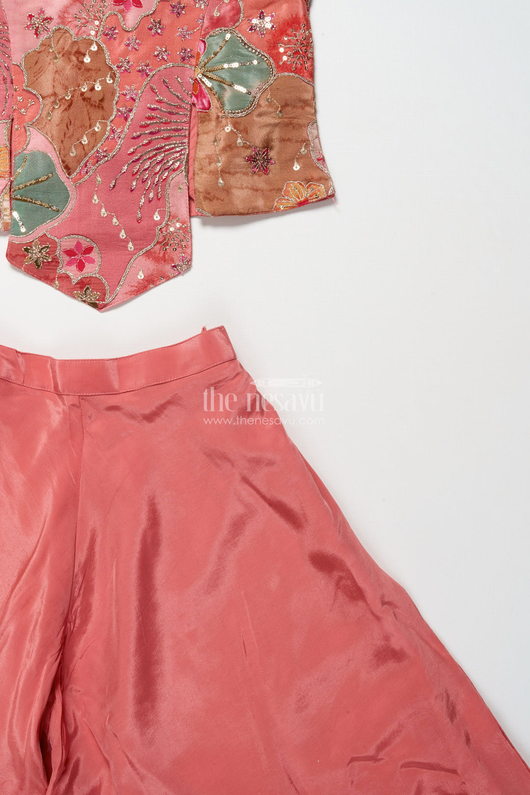The Nesavu Girls Sharara / Plazo Set Girls Peach Palazzo Set with Embroidered Blouse for Ethnic Celebrations Nesavu Nesavu girls peach organza palazzo set heavy embroidery festive occasions