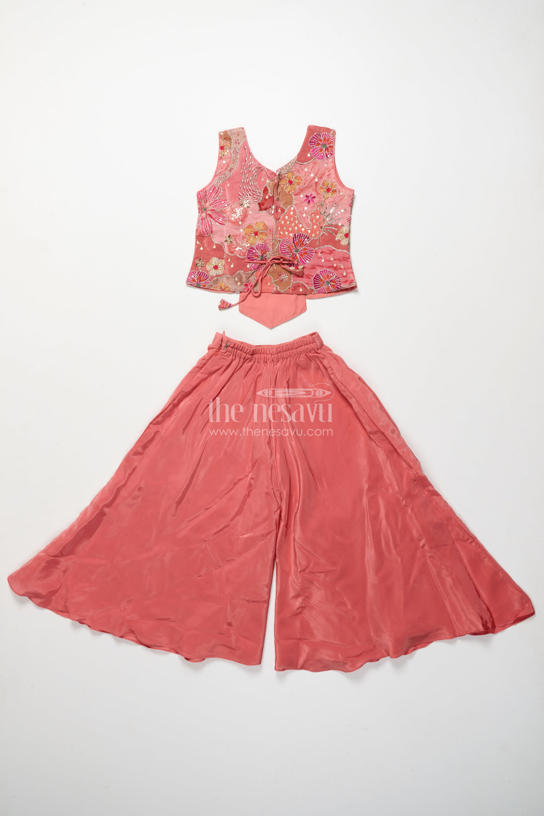 The Nesavu Girls Sharara / Plazo Set Girls Peach Palazzo Set with Embroidered Blouse for Ethnic Celebrations Nesavu Nesavu girls peach organza palazzo set heavy embroidery festive occasions
