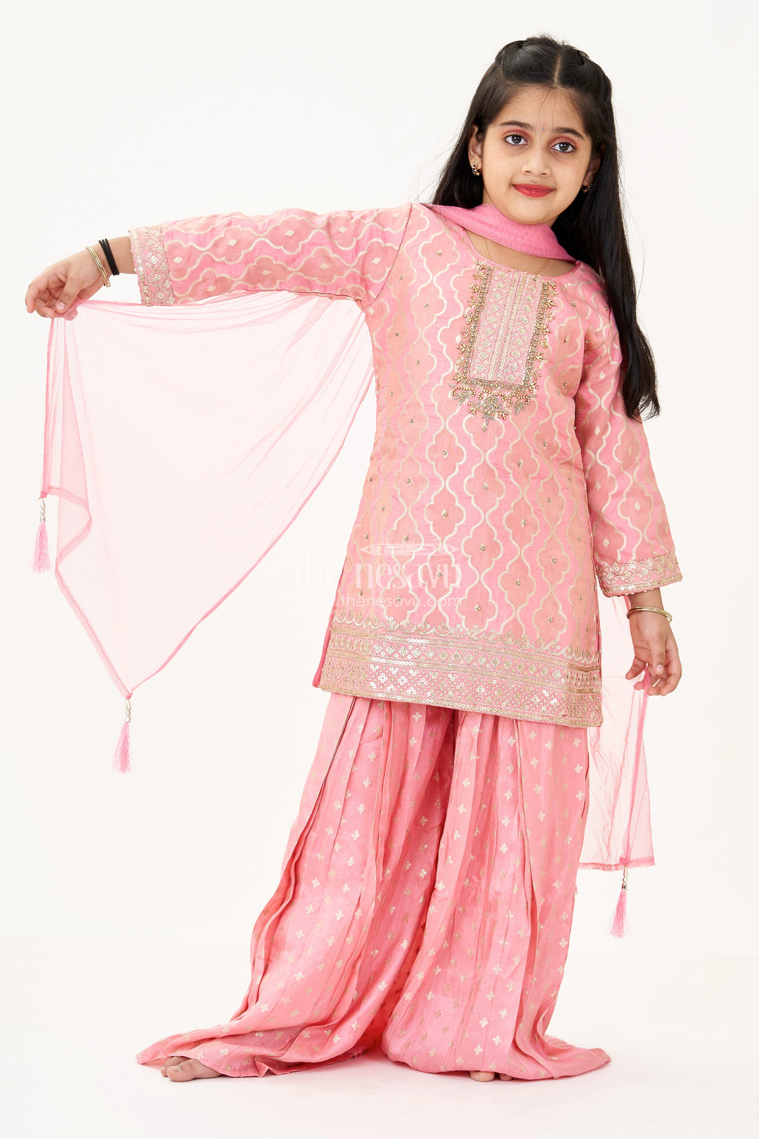 The Nesavu Girls Sharara / Plazo Set Girls Peach Sharara Set in Banarasi Kora Silk with Sequin Embroidery and Mirror Accents Nesavu 24 (5Y) / Peach GPS575A-24 Nesavu Girls Peach Sharara Set Banarasi Kora Silk Sequin Embroidery Dupatta