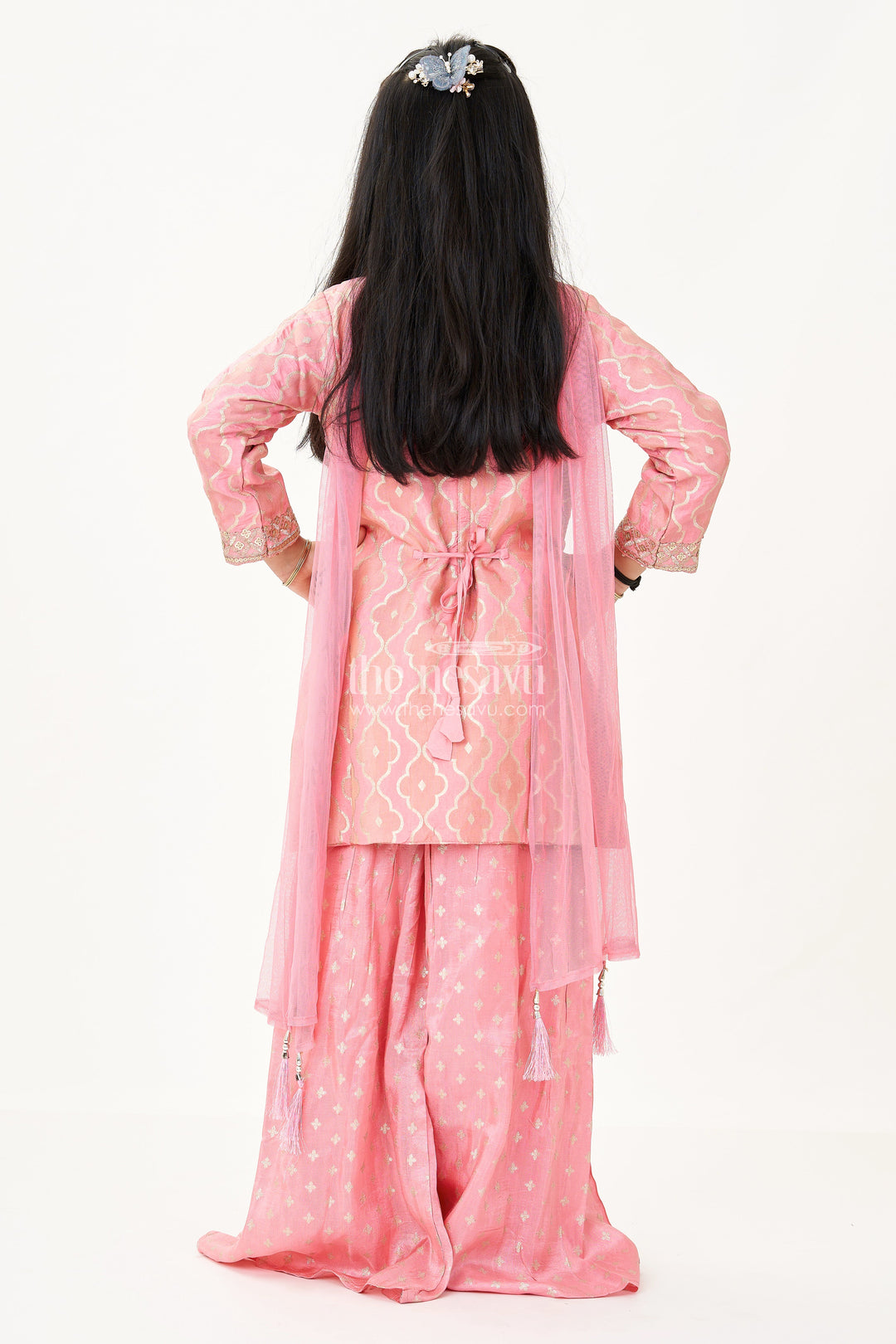The Nesavu Girls Sharara / Plazo Set Girls Peach Sharara Set in Banarasi Kora Silk with Sequin Embroidery and Mirror Accents Nesavu Nesavu Girls Peach Sharara Set Banarasi Kora Silk Sequin Embroidery Dupatta