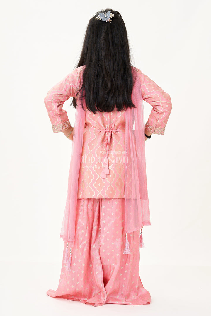 The Nesavu Girls Sharara / Plazo Set Girls Peach Sharara Set in Banarasi Kora Silk with Sequin Embroidery and Mirror Accents Nesavu Nesavu Girls Peach Sharara Set Banarasi Kora Silk Sequin Embroidery Dupatta