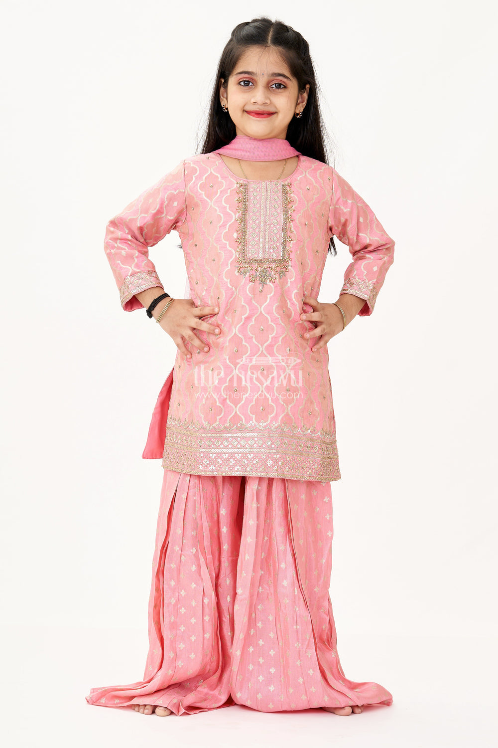The Nesavu Girls Sharara / Plazo Set Girls Peach Sharara Set in Banarasi Kora Silk with Sequin Embroidery and Mirror Accents Nesavu Nesavu Girls Peach Sharara Set Banarasi Kora Silk Sequin Embroidery Dupatta