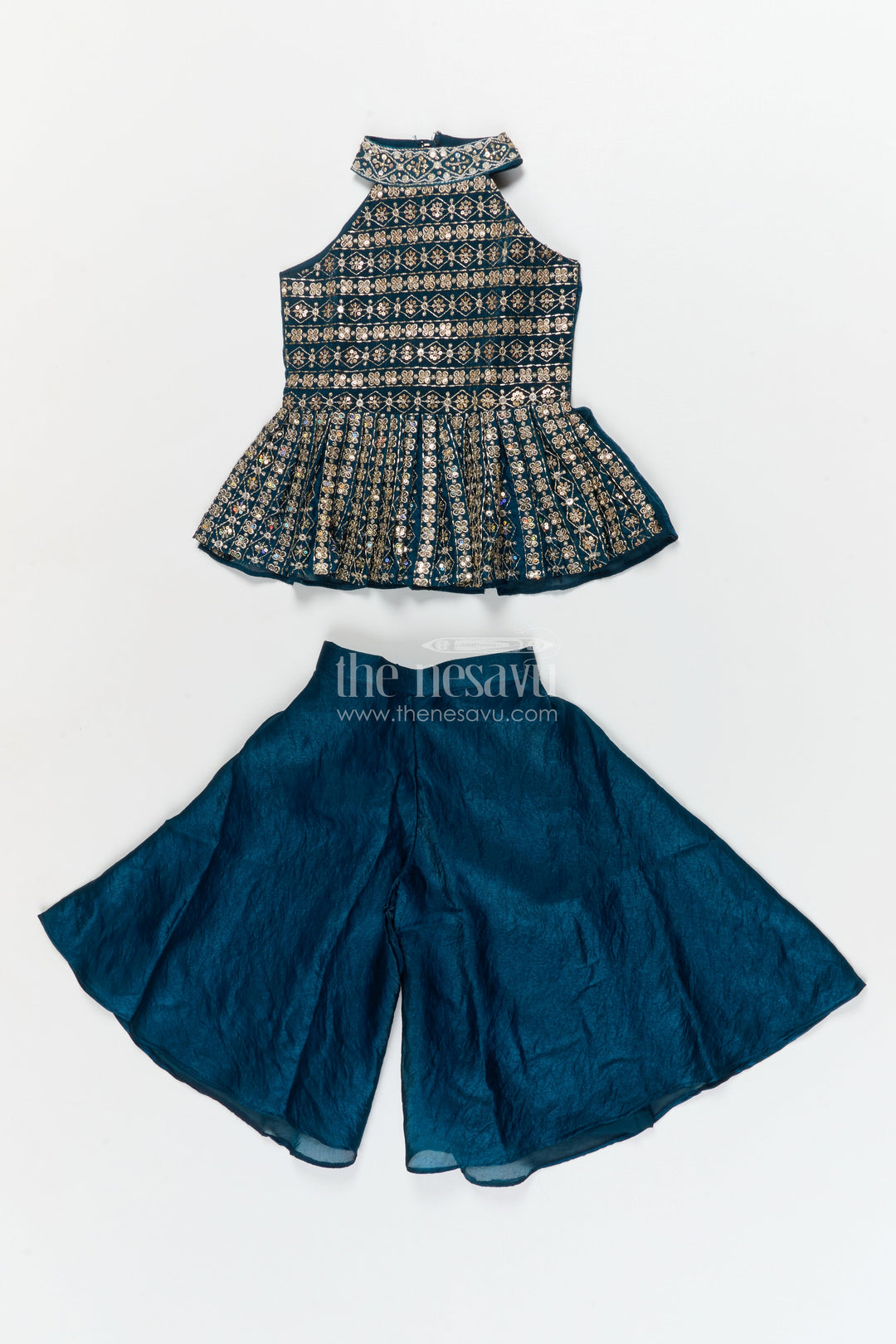 The Nesavu Girls Sharara / Plazo Set Girls Peplum Palazzo Set for Diwali and Cultural Stage Events Nesavu 16 (1Y) / Green / Organza GPS942A-16 Nesavu girls peplum palazzo set with embroidered blouse for Diwali and cultural celebrations