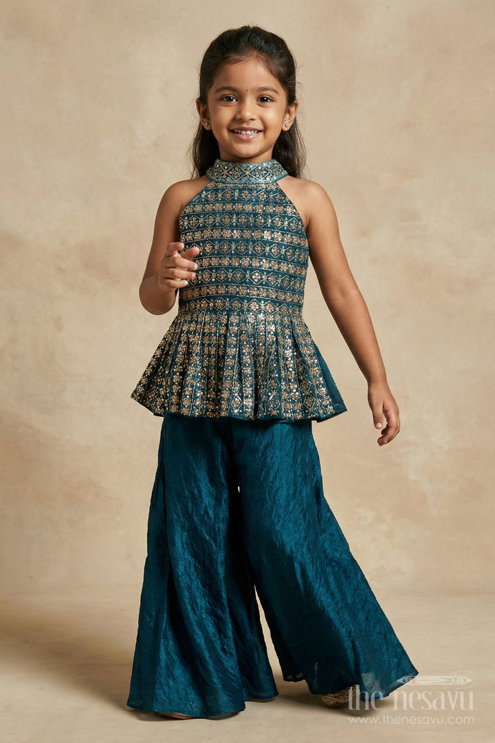 The Nesavu Girls Sharara / Plazo Set Girls Peplum Palazzo Set for Diwali and Cultural Stage Events Nesavu Nesavu girls peplum palazzo set with embroidered blouse for Diwali and cultural celebrations