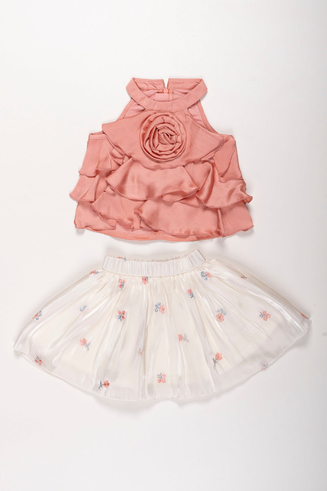 The Nesavu Baby Casual Sets Girls Petal Pink Cascade Halter and Starlit Tulle Skirt Ensemble Nesavu 18 (2Y) / Pink BFJ516B-18 Petal Pink Ruffle Halter & Sparkling Tulle Ensemble for Girls | Chic Party Attire | The Nesavu