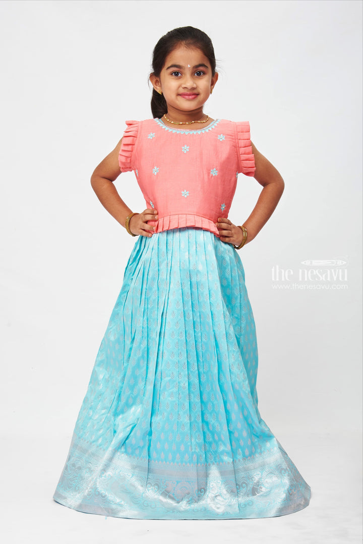 The Nesavu Girls Silk Gown Girls Pink and Turquoise Embroidered Party Gown with Pleated waist Nesavu 16 (1Y) / Turquoise / Silk Blend GA185A-16 Casual and Party Wear Dresses | Full Length Gown for Girls | The Nesavu
