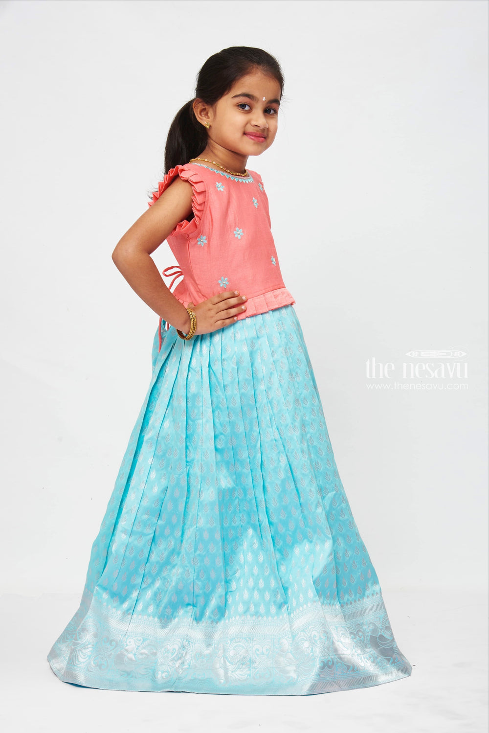 The Nesavu Girls Silk Gown Girls Pink and Turquoise Embroidered Party Gown with Pleated waist Nesavu Casual and Party Wear Dresses | Full Length Gown for Girls | The Nesavu