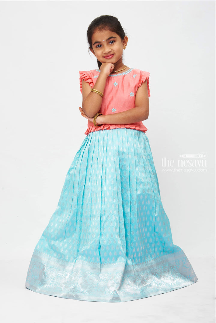 The Nesavu Girls Silk Gown Girls Pink and Turquoise Embroidered Party Gown with Pleated waist Nesavu Casual and Party Wear Dresses | Full Length Gown for Girls | The Nesavu