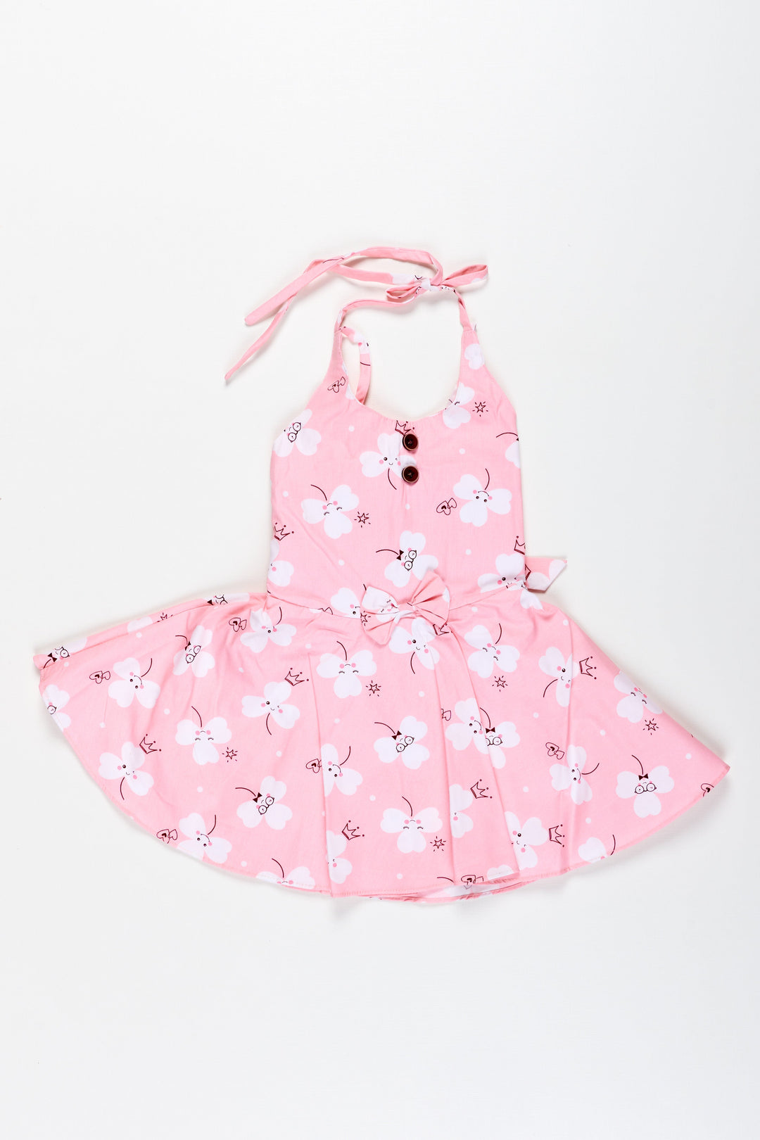 The Nesavu Girls Cotton Frock Girls Pink Cartoon Floral Frock with Bow and Pleats for Summer Outings Nesavu 16 (1Y) / Pink GFC1884A-16 Nesavu Pink Floral Cotton Frock Cartoon Prints Playful Sleeveless Dress Toddler Girls