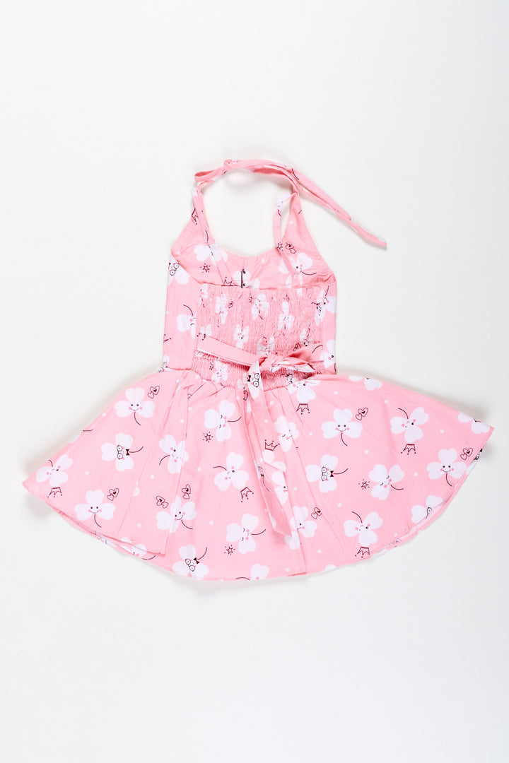 The Nesavu Girls Cotton Frock Girls Pink Cartoon Floral Frock with Bow and Pleats for Summer Outings Nesavu Nesavu Pink Floral Cotton Frock Cartoon Prints Playful Sleeveless Dress Toddler Girls