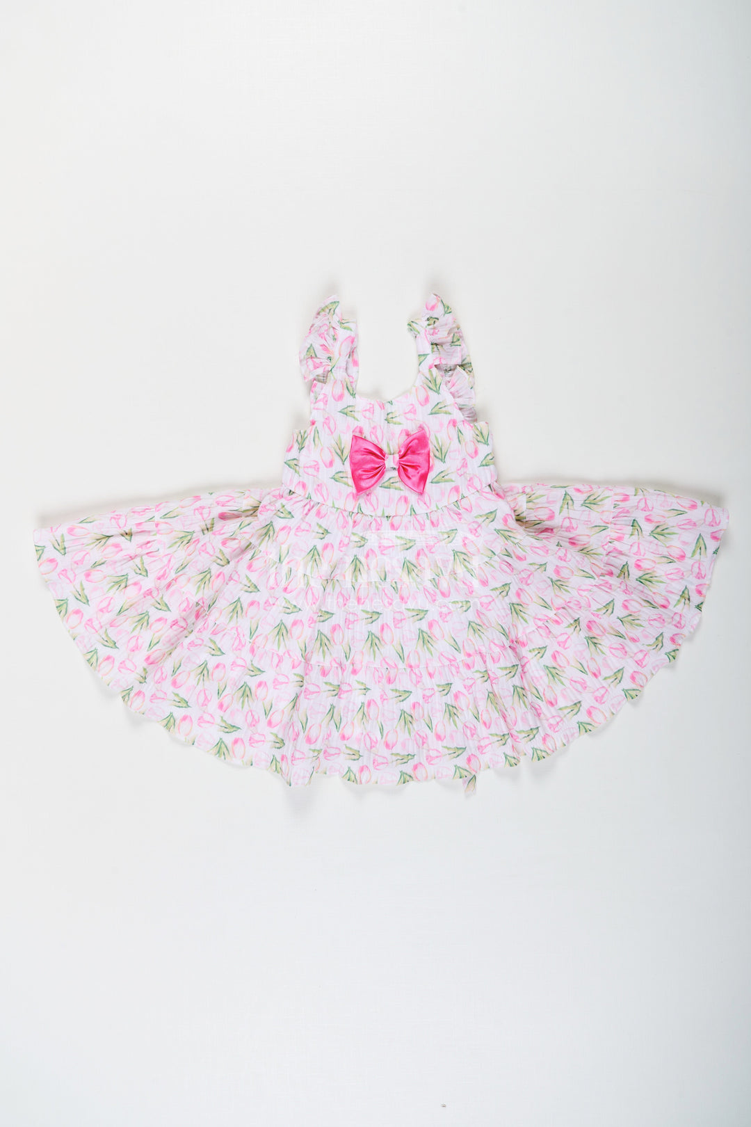 The Nesavu Baby Fancy Frock Girls Pink Casual Frock Dress with Floral Digital Print and Front Bow in Chiffon for Baby Wear Nesavu 14 (6M) / Pink BFJ761A-14 Nesavu Girls Pink Chiffon Casual Frock Dress Floral Digital Print Satin Bow