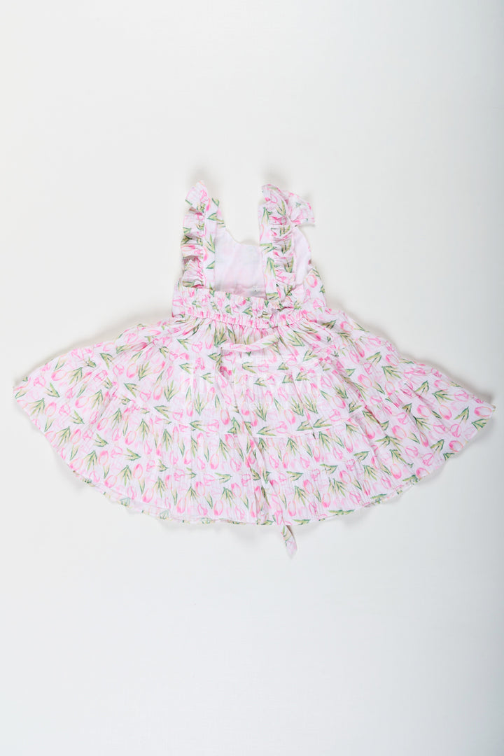 The Nesavu Baby Fancy Frock Girls Pink Casual Frock Dress with Floral Digital Print and Front Bow in Chiffon for Baby Wear Nesavu Nesavu Girls Pink Chiffon Casual Frock Dress Floral Digital Print Satin Bow