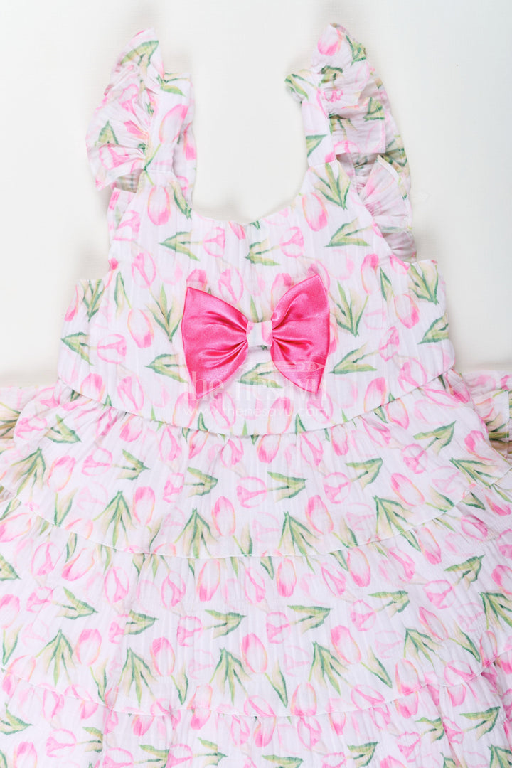 The Nesavu Baby Fancy Frock Girls Pink Casual Frock Dress with Floral Digital Print and Front Bow in Chiffon for Baby Wear Nesavu Nesavu Girls Pink Chiffon Casual Frock Dress Floral Digital Print Satin Bow