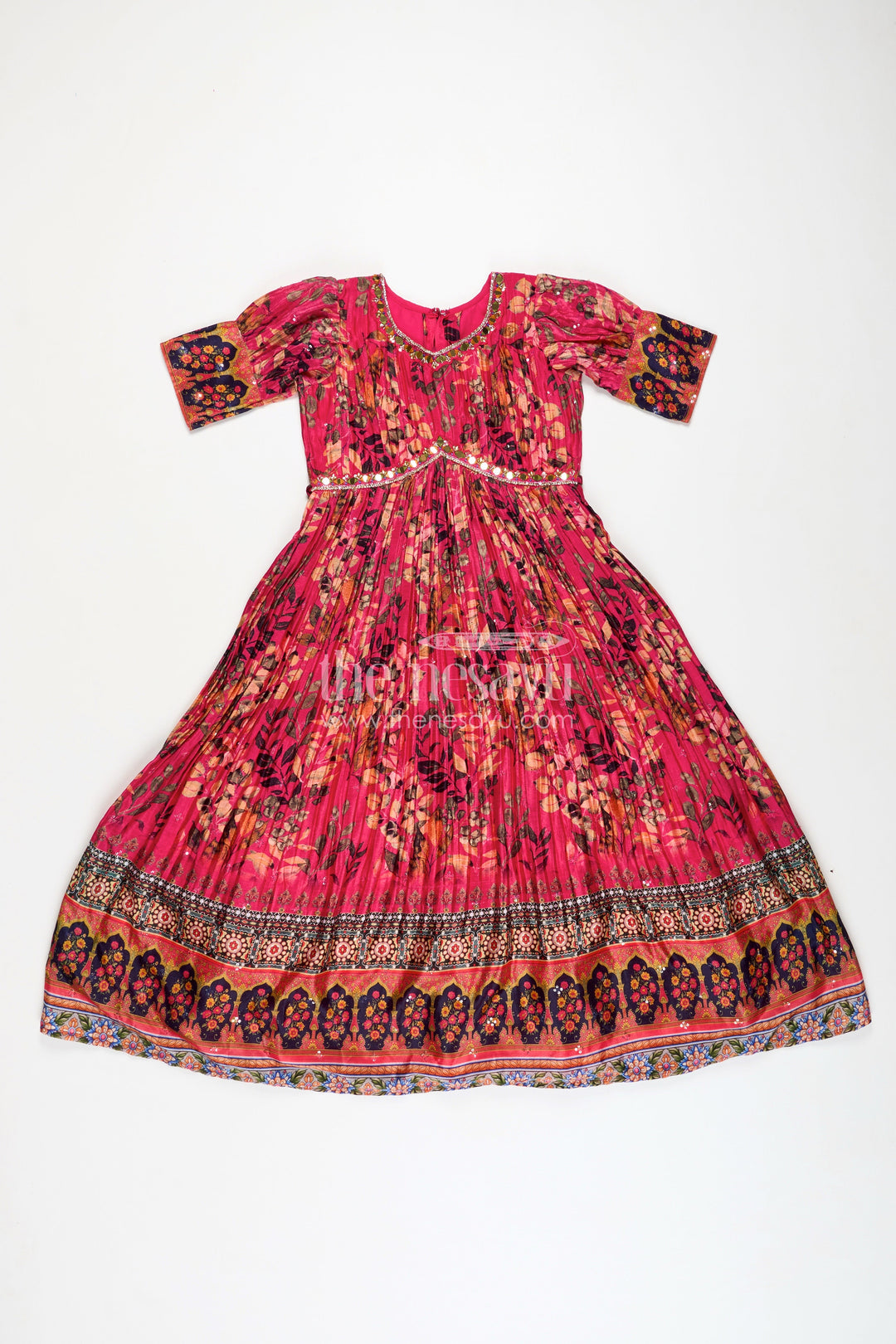 The Nesavu Girls Silk Gown Girls Pink Chinon Anarkali with Traditional Print and Flared Skirt for Elegant Anarkali Gown Dress Look Nesavu 24 (5Y) / Pink GA215A-24 Nesavu Girls Chinon Pink Anarkali Gown Digital Floral Prints Elegant anarkali gown dress Style