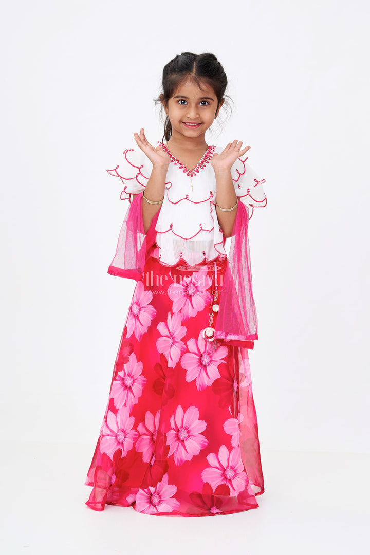 The Nesavu Girls Lehenga Choli Girls Pink Choli for Lehenga with Floral Organza Print and Scallop Cut Embroidery Nesavu 16 (1Y) / Pink GL585A-16 Nesavu Girls Pink Choli Lehenga Floral Organza Print Embroidered Blouse