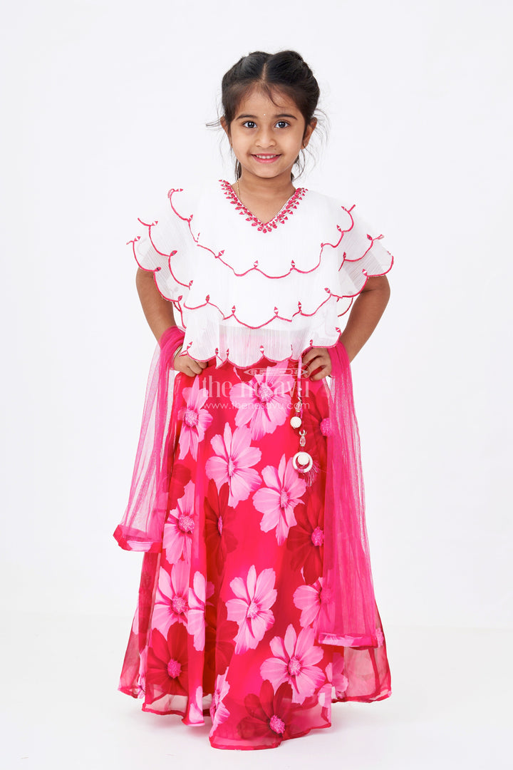 The Nesavu Girls Lehenga Choli Girls Pink Choli for Lehenga with Floral Organza Print and Scallop Cut Embroidery Nesavu Nesavu Girls Pink Choli Lehenga Floral Organza Print Embroidered Blouse
