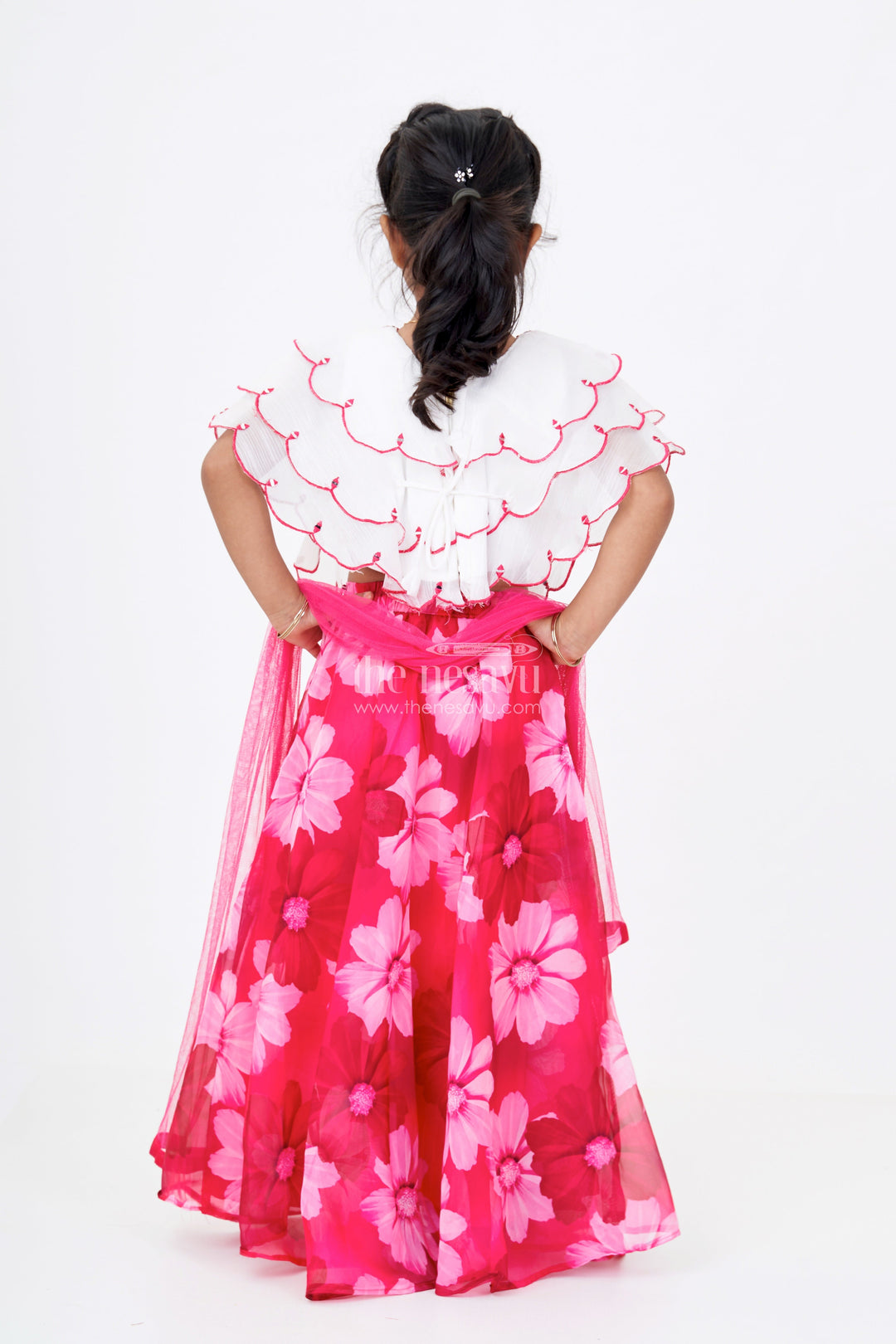 The Nesavu Girls Lehenga Choli Girls Pink Choli for Lehenga with Floral Organza Print and Scallop Cut Embroidery Nesavu Nesavu Girls Pink Choli Lehenga Floral Organza Print Embroidered Blouse
