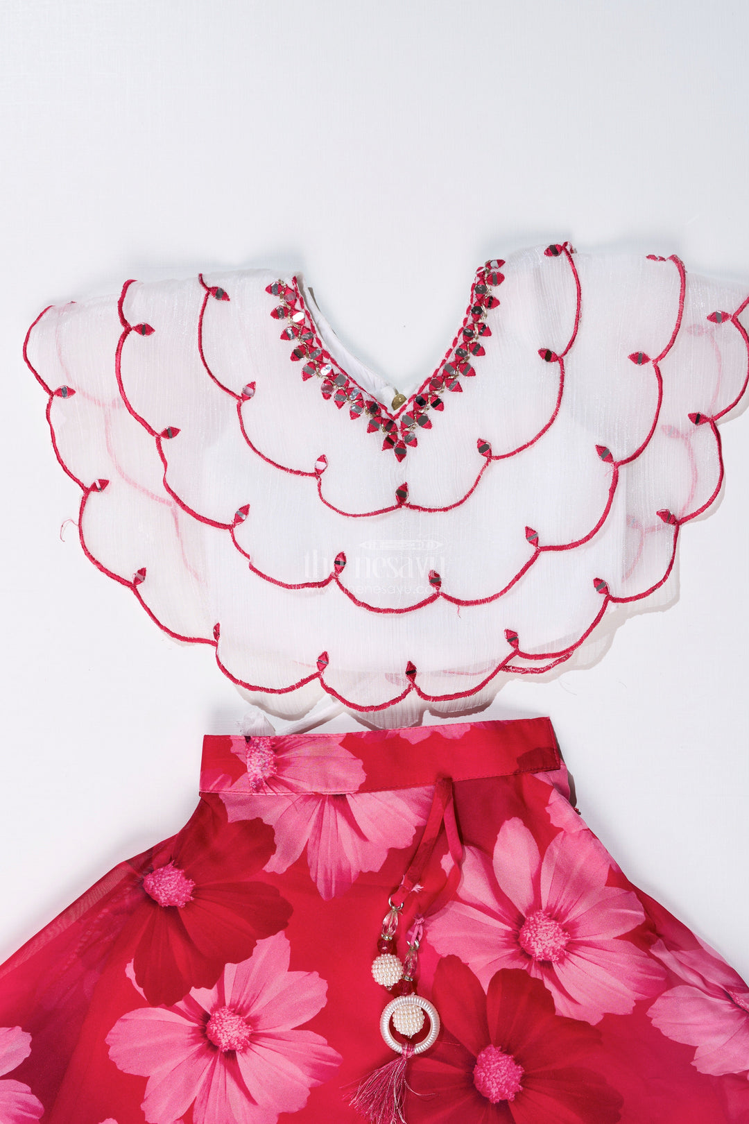 The Nesavu Girls Lehenga Choli Girls Pink Choli for Lehenga with Floral Organza Print and Scallop Cut Embroidery Nesavu Nesavu Girls Pink Choli Lehenga Floral Organza Print Embroidered Blouse