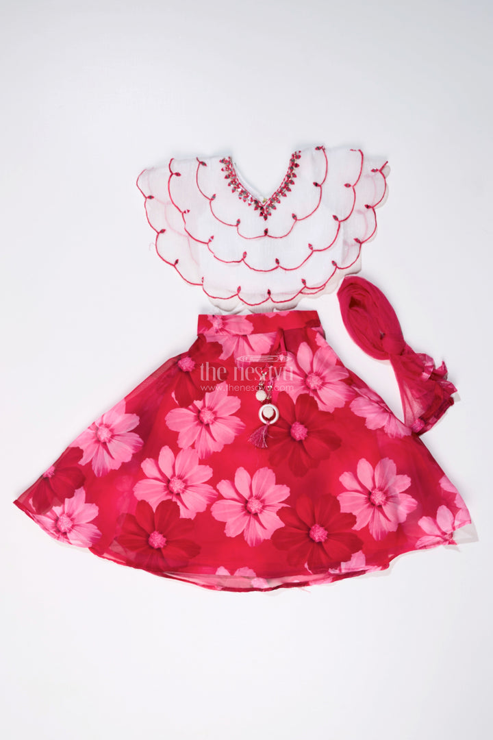 The Nesavu Girls Lehenga Choli Girls Pink Choli for Lehenga with Floral Organza Print and Scallop Cut Embroidery Nesavu Nesavu Girls Pink Choli Lehenga Floral Organza Print Embroidered Blouse