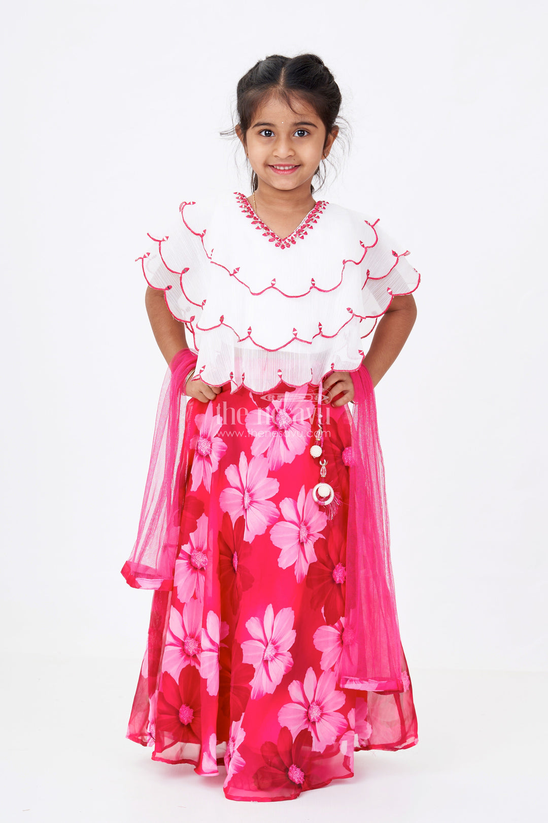 The Nesavu Girls Lehenga Choli Girls Pink Choli for Lehenga with Floral Organza Print and Scallop Cut Embroidery Nesavu Nesavu Girls Pink Choli Lehenga Floral Organza Print Embroidered Blouse
