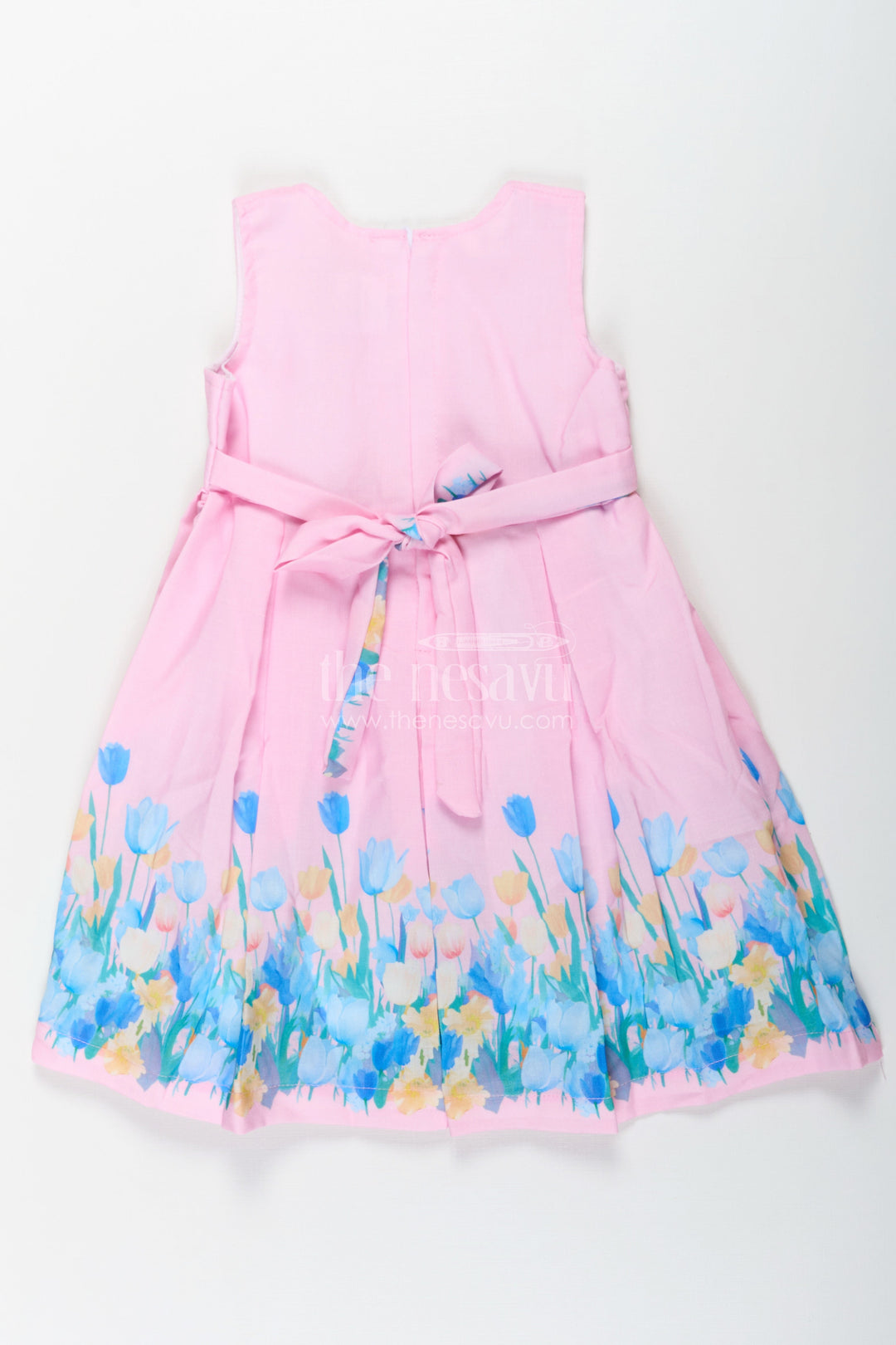 The Nesavu Girls Cotton Frock Girls Pink Colour Frock in Cotton Printed Fabric with Floral Border and Elegant Bow Nesavu Nesavu Girls Pink Colour Frock Cotton Printed Fabric Floral Border Waist Bow