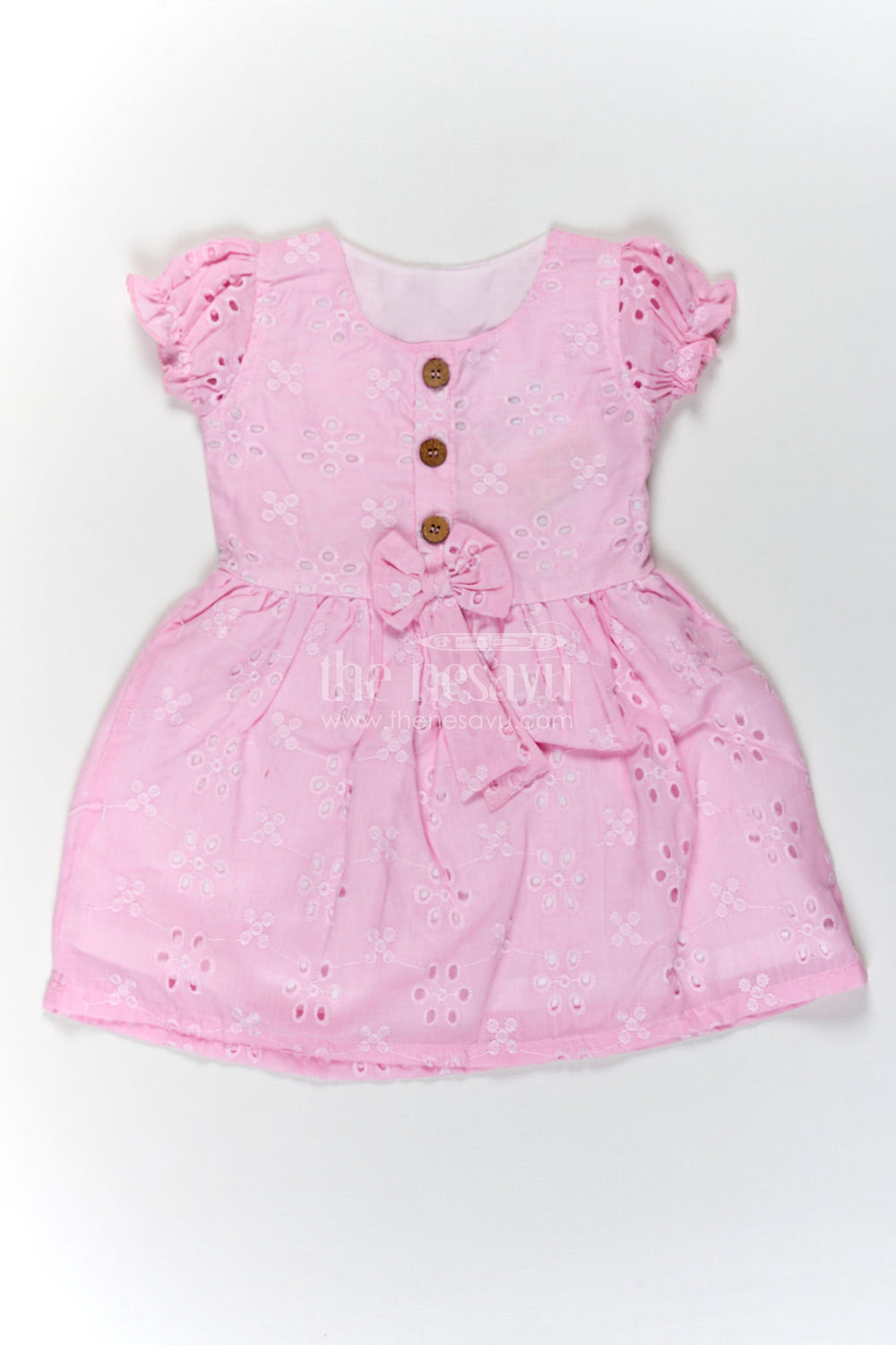 The Nesavu Girls Cotton Frock Girls Pink Cotton Dress with Hakoba Floral Embroidery and Puff Sleeves for Everyday Wear Nesavu 18 (2Y) / Pink GFC1714B-18 Nesavu Pink Cotton Dress for Girls with Hakoba Embroidery and Bow Belt for Everyday Comfort