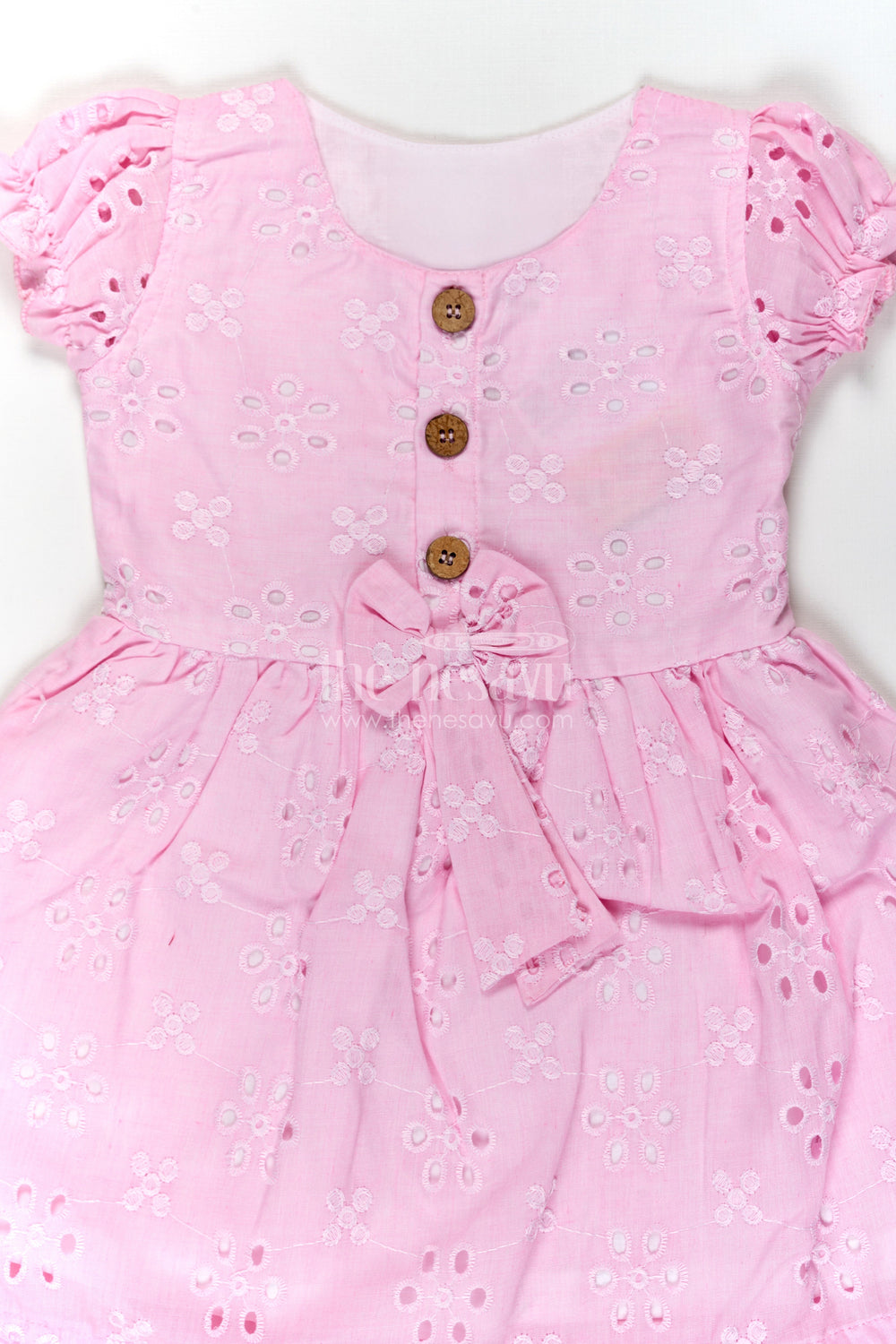 The Nesavu Girls Cotton Frock Girls Pink Cotton Dress with Hakoba Floral Embroidery and Puff Sleeves for Everyday Wear Nesavu Nesavu Pink Cotton Dress for Girls with Hakoba Embroidery and Bow Belt for Everyday Comfort