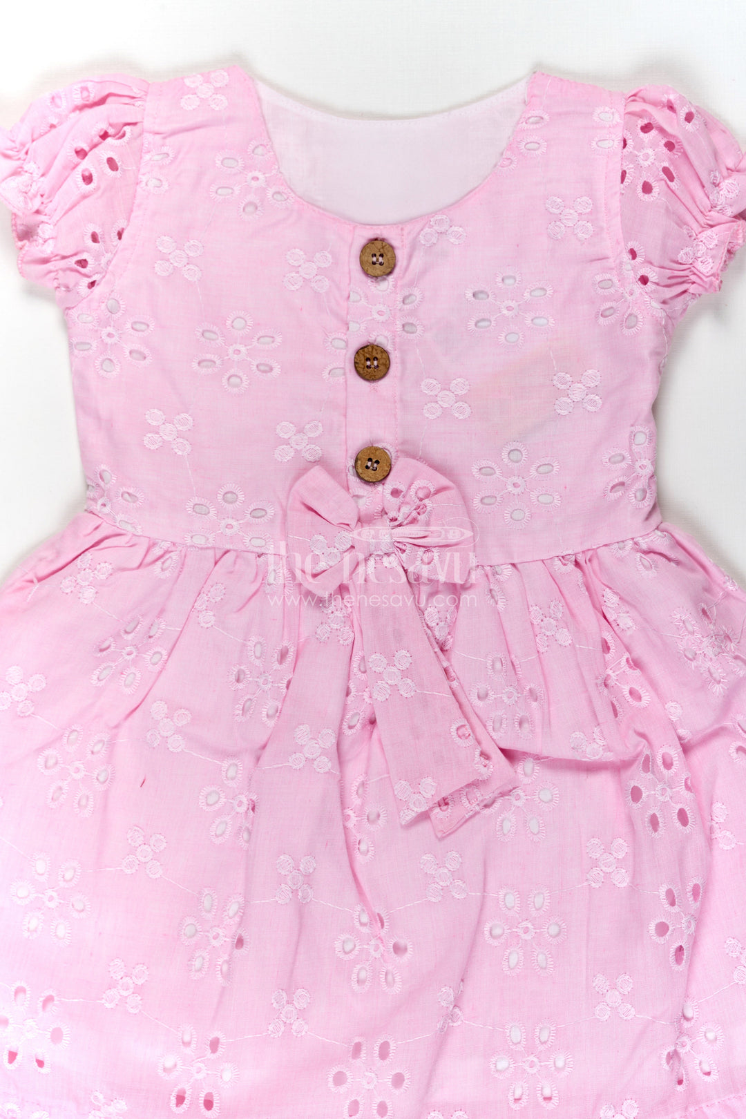 The Nesavu Girls Cotton Frock Girls Pink Cotton Dress with Hakoba Floral Embroidery and Puff Sleeves for Everyday Wear Nesavu Nesavu Pink Cotton Dress for Girls with Hakoba Embroidery and Bow Belt for Everyday Comfort