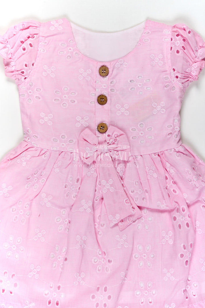 The Nesavu Girls Cotton Frock Girls Pink Cotton Dress with Hakoba Floral Embroidery and Puff Sleeves for Everyday Wear Nesavu Nesavu Pink Cotton Dress for Girls with Hakoba Embroidery and Bow Belt for Everyday Comfort