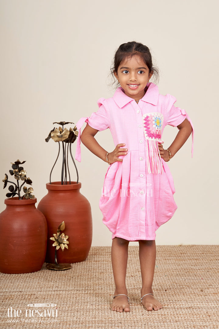 The Nesavu Girls Cotton Frock Girls pink cotton frock with crochet patch and shirt collar Nesavu 22 (4Y) / Pink GFC1958B-22 Nesavu pink girls cotton frock with crochet patch and short tie sleeves for casual wear