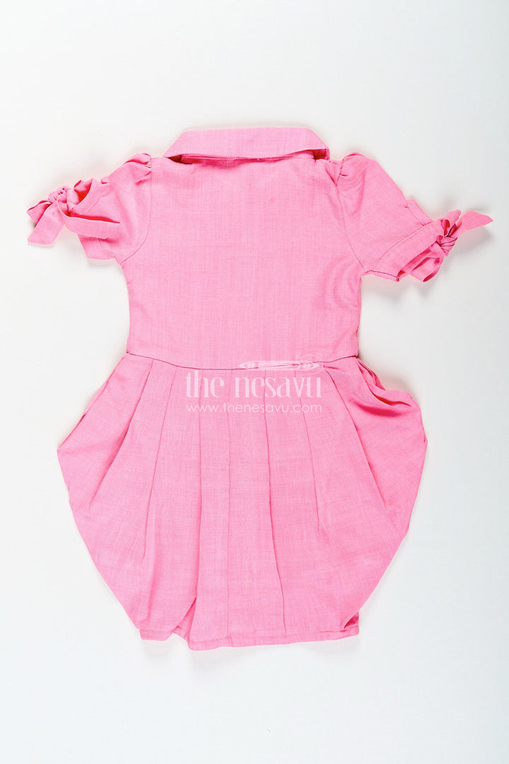The Nesavu Girls Cotton Frock Girls pink cotton frock with crochet patch and shirt collar Nesavu Nesavu pink girls cotton frock with crochet patch and short tie sleeves for casual wear