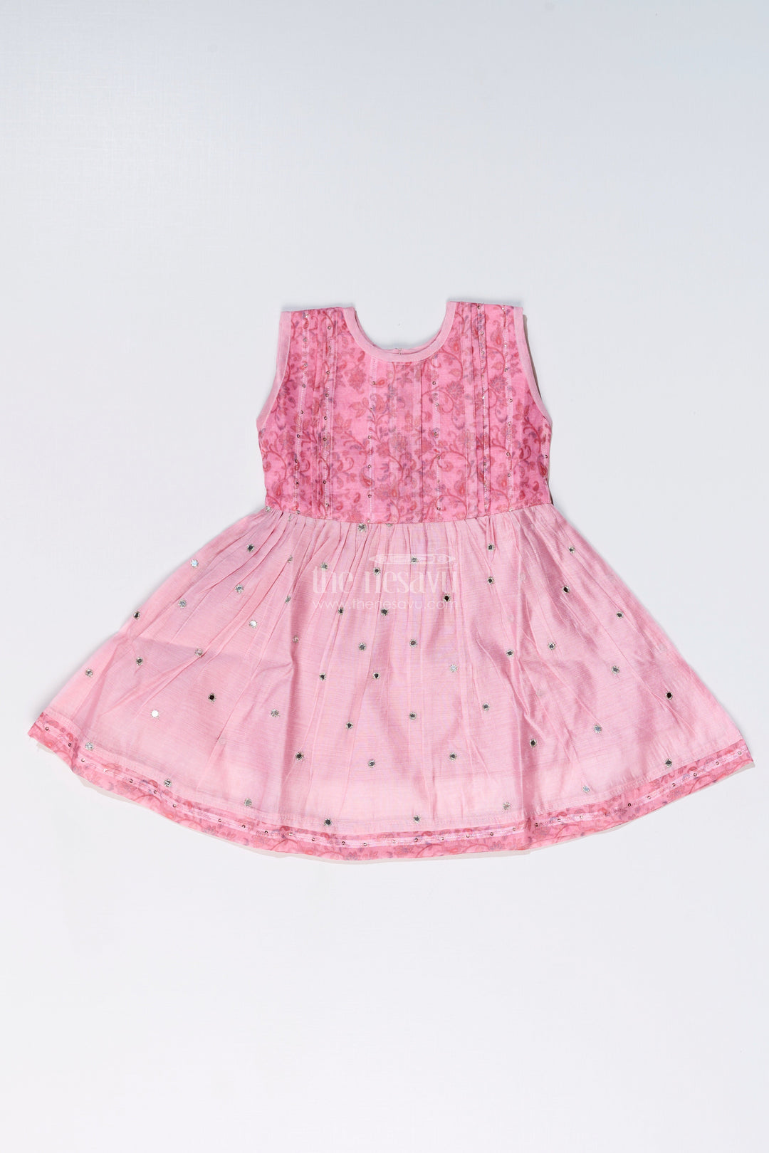 The Nesavu Girls Chanderi Frock Girls Pink Cotton Frock with Embroidery and Chanderi Fabric for Elegant Festive Wear Nesavu 16 (1Y) / Pink GFC995B-16 Nesavu Girls Pink Cotton Frock Chanderi Fabric Embroidery Print Festive Wear