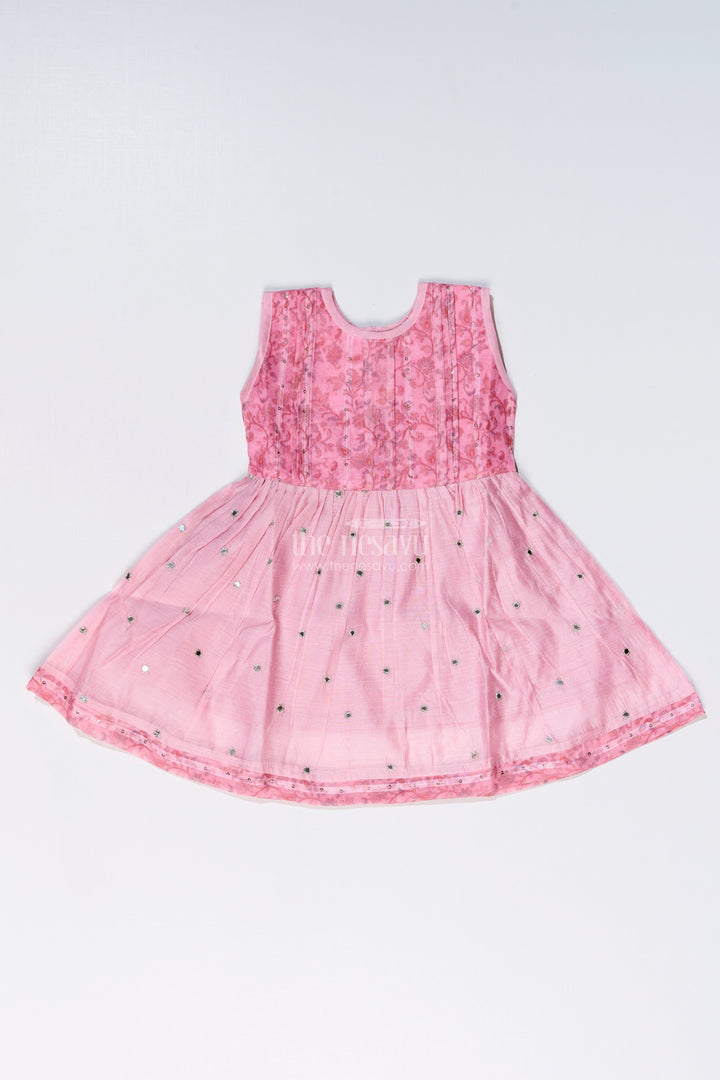 The Nesavu Girls Chanderi Frock Girls Pink Cotton Frock with Embroidery and Chanderi Fabric for Elegant Festive Wear Nesavu 16 (1Y) / Pink GFC995B-16 Nesavu Girls Pink Cotton Frock Chanderi Fabric Embroidery Print Festive Wear