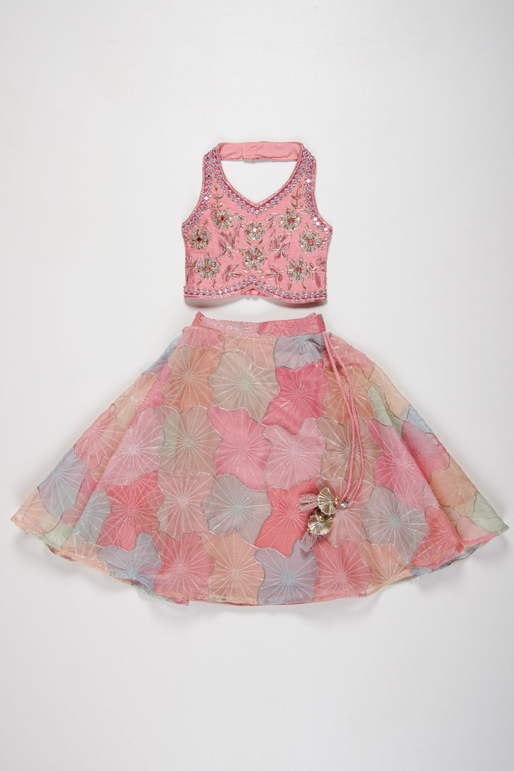 The Nesavu Girls Lehenga Choli Girls Pink Embellished Lehenga Set with Teal Accents Nesavu 16 (1Y) / Pink / Organza GL444A-16 Buy Girls Pink Lehenga Set | Floral Embellished Halter Lehenga with Dupatta | The Nesavu