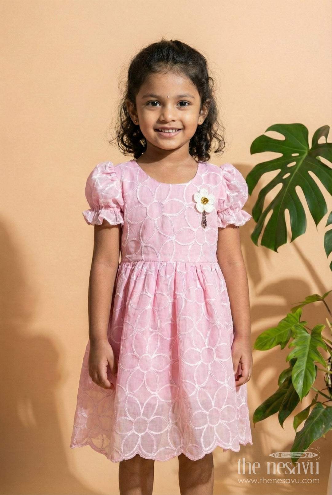 The Nesavu Girls Fancy Frock Girls Pink Embroidered Organza Frock with Floral Brooch for Festive Wear Nesavu 20 (3Y) / Pink GFC1826B-20 Nesavu girls pink embroidered organza frock puff sleeves floral brooch birthdays